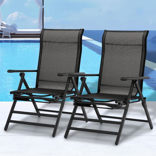 Set of 2 Patio Black Metal Patio Outdoor Chaise Lounge Adjustable Recliner Foldable Lawn Chair with Retractable Footrest