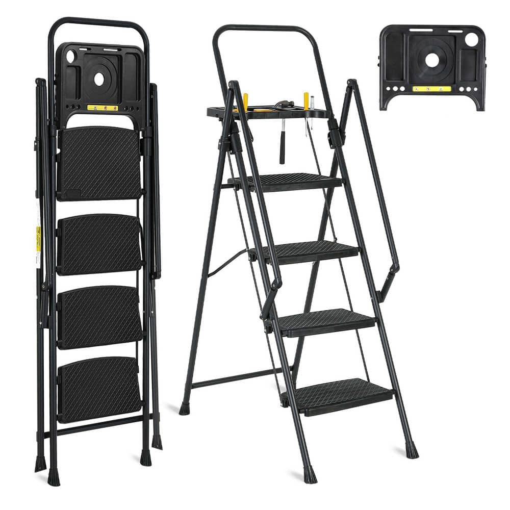 4-Step Foldable Lightweight Ladder with Tool Tray, Wide Non-slip Steps and Safety Handles, Sturdy Multi-Purpose Ladder price history on PriceWatchPro