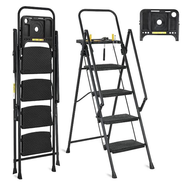 4-Step Foldable Lightweight Ladder with Tool Tray, Wide Non-slip Steps and Safety Handles, Sturdy Multi-Purpose Ladder