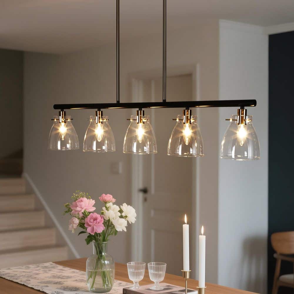 Zevni 38 in. Large Modern Brass Hanging Light, 5-Light Black Zevni 38 in. Large Modern Brass Hanging Light, 5-Light Black