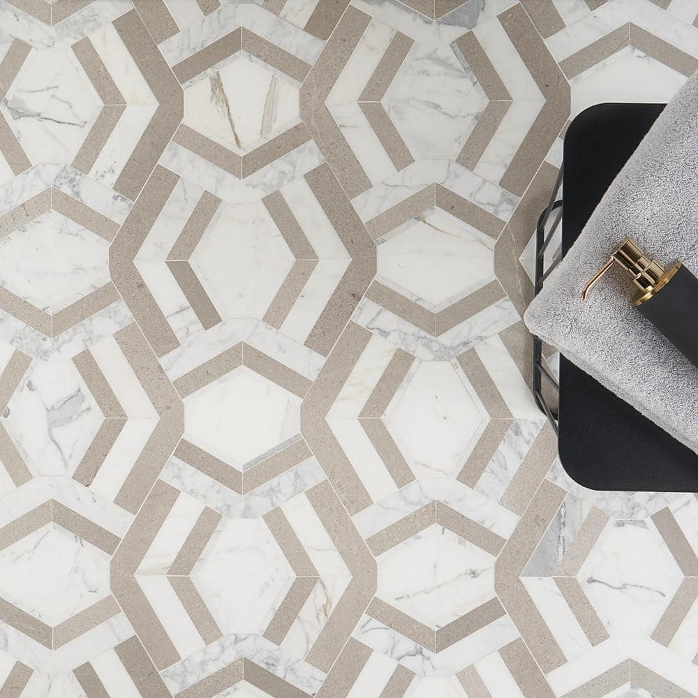 Cream and Gray Polished Marble Geometric Mosaic Tile