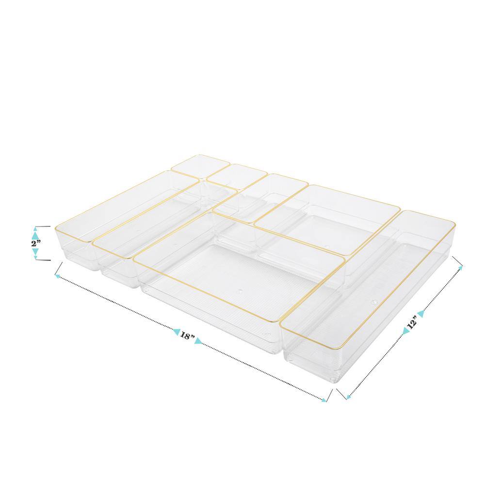 Martha Stewart Clear Plastic Stackable Desk Drawer Organizers with Gold Trim, Set of 8