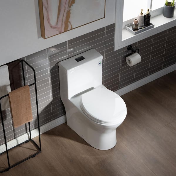 Woodbridge Bering Black Toilet with Chrome Button Dual Flush Elongated  Chair Height WaterSense Soft Close Toilet 12-in Rough-In 1.28-GPF at