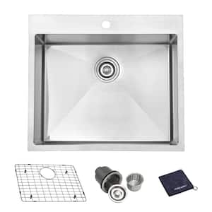 Handcrafted 16 Gauge Stainless Steel 25 in. Single Bowl Tight Radius Undermount/Drop-In Kitchen Sink with Bottom Grid