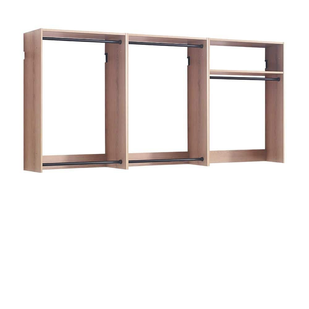 Devi Series 31.5-94. 5in. W Oak Modular Walk in Closet System Wall Mount Double Hanging Rods 1-Shelf Wood Closet System
