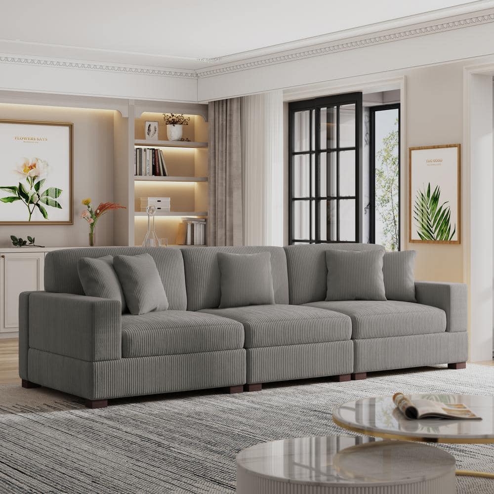117 in. Square Arm 3-piece Corduroy Upholstered 3-Seats Sectional Sofa in. Light Gray with Five Pillows price history on PriceWatchPro