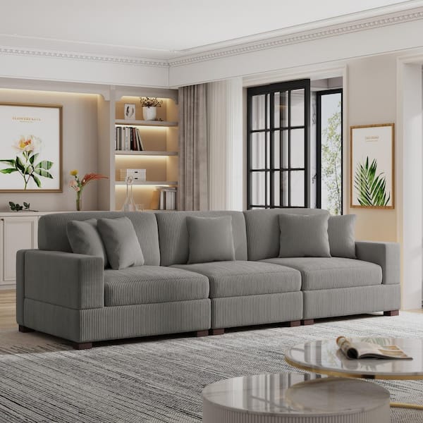 117 in. Square Arm 3-piece Corduroy Upholstered 3-Seats Sectional Sofa in. Light Gray with Five Pillows
