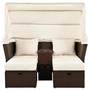 2-Seater Wicker Outdoor Double Day Bed with Foldable Awning and Beige Cushions