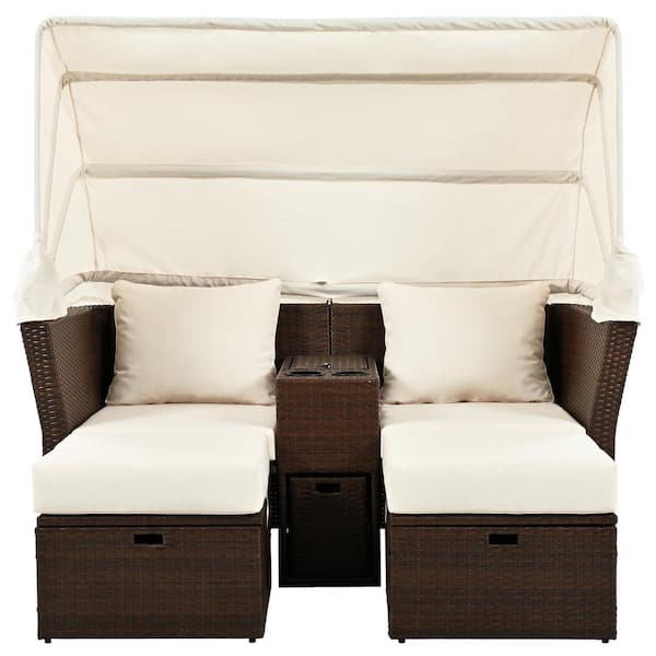 Angel Sar 2-Seater Wicker Outdoor Double Day Bed with Foldable Awning and Beige Cushions