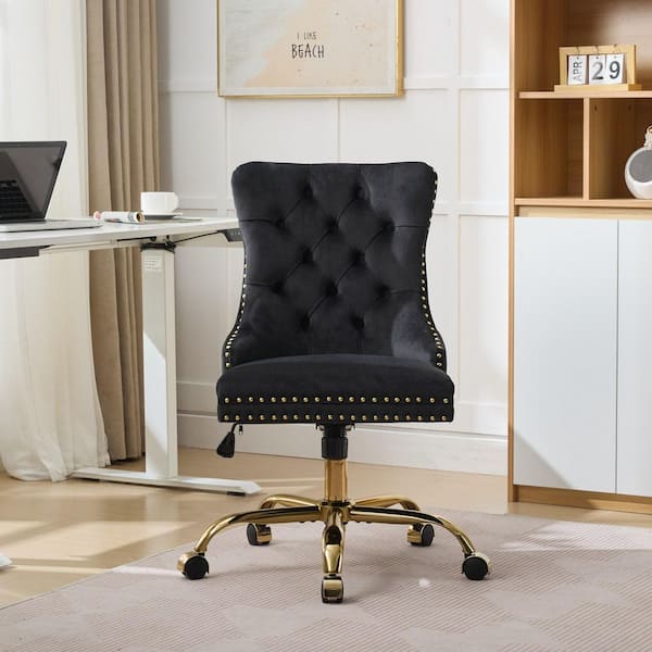 Velvet Adjustable Height Swivel Tufted Ergonomic Task Chair in Black/Gold with Wheels