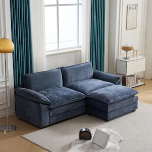 Karlhome 85.4 in. Blue Chenille 2-Seater Loveseat with Ottoman