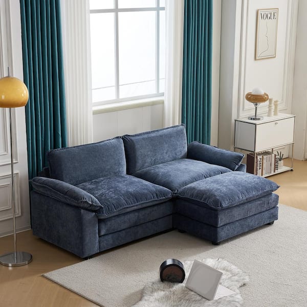 Karl home Karlhome 85.4 in. Blue Chenille 2-Seater Loveseat with Ottoman
