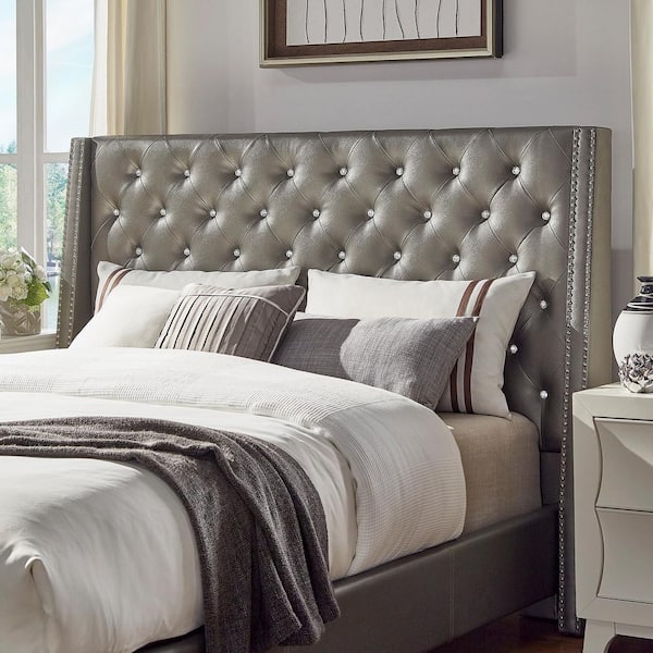 HomeSullivan 87.8 in. W Silver Gray Faux Leather Crystal Tufted King Headboard