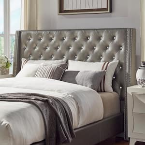 70 in. W Silver Gray Faux Leather Crystal Tufted Queen Headboard
