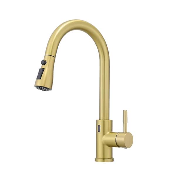 Single Handle Touchless Motion Sensor Pull Down Sprayer Kitchen Faucet with 360° Spout Swivel 14.5 in Brushed Gold