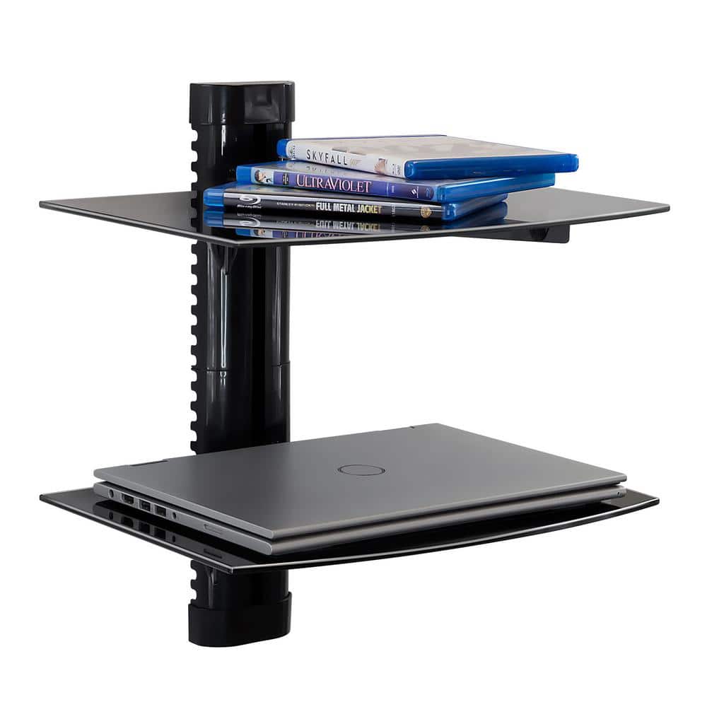 Black Steel Floating Wall Shelf with Tempered Glass