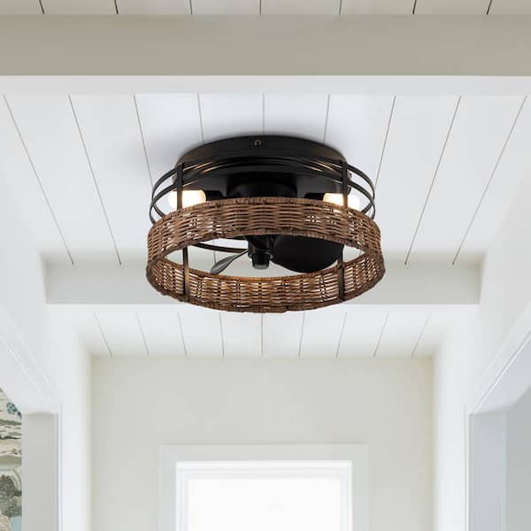 Flint Garden 12.5 in. Indoor Brown Drum Flush Mount Ceiling Fan with Light Kit and Remote Control