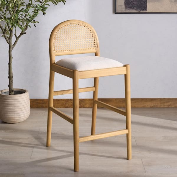 Laylie 26 in. H Natural/White Rattan Wood Bar Stool with Boucle Seat