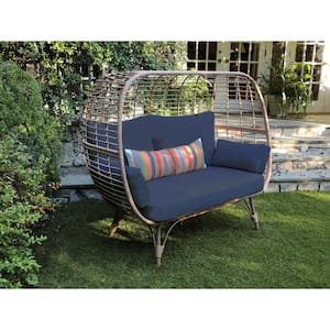 Juniper 1-Piece Stationary Double Wicker Outdoor Egg Lounge Chair with Sunbrella Spectrum Indigo Cushion