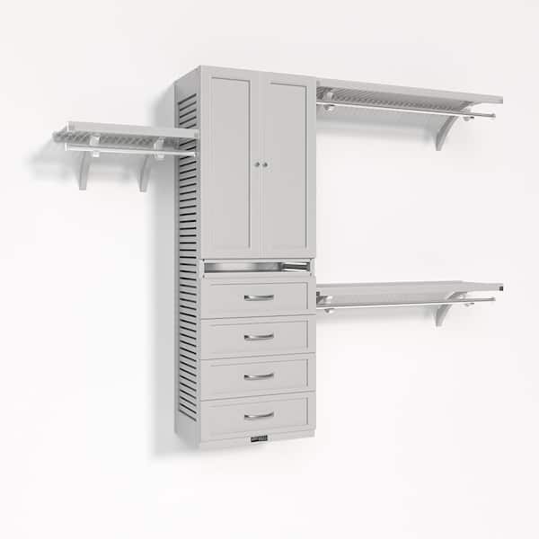 72 in. W - 120 in. W White Walk in with 4 Shaker Style Drawers and Wood Door 16 in. Shelf Wood Closet System