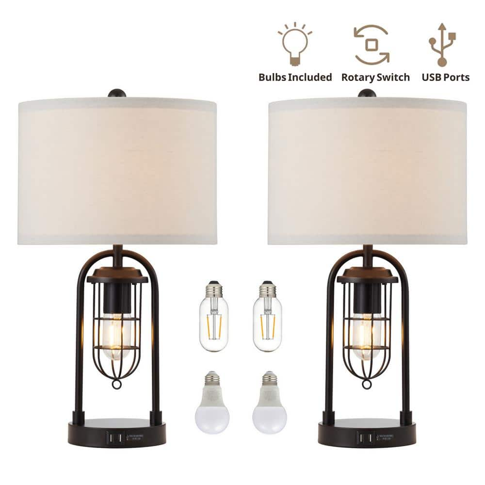 KYRID 21’’ Table Lamps Set of 2 with USB Port and Night Light  Modern Farmhouse Side Table Lamp with White Drum Shade  Painted Bronze Finish (Bulbs Included)