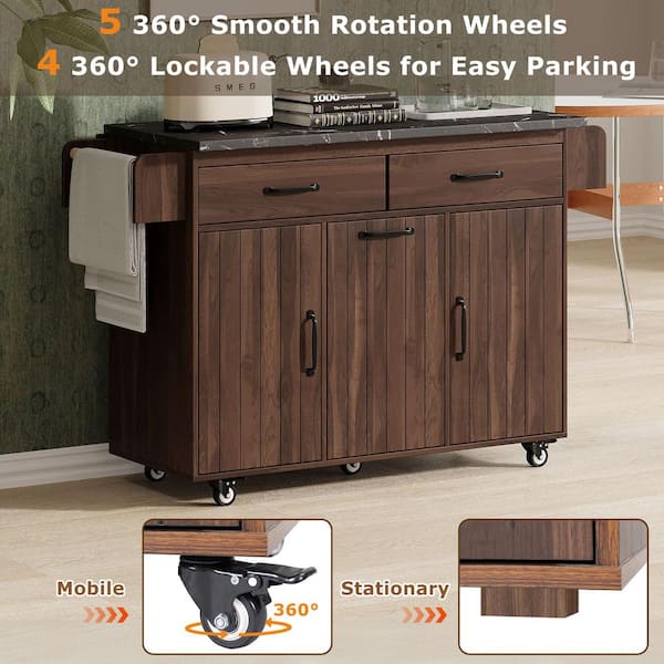 Walnut/Brown Wood 51.06 in. Kitchen Island with Trash Can Storage Cabinet, Drop Leaf, Spice Rack, Towel Rack and Drawer