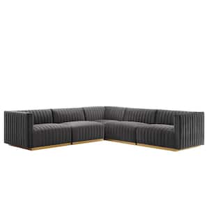 Conjure 114 in. Channel Tufted Performance Velvet 5-Piece Sectional in Gold Gray