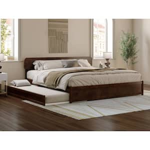 Capri Walnut Brown Solid Wood Frame King Platform Bed with Panel Footboard and Twin XL Trundle