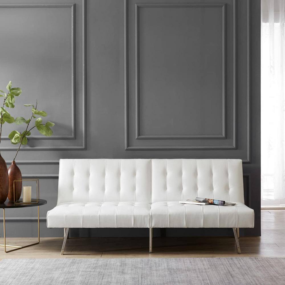 White Faux Leather Tufted Split Back Convertible Futon Sofa Bed Couch Bed, Sleeper Sofa with Metal Legs for Small Spaces