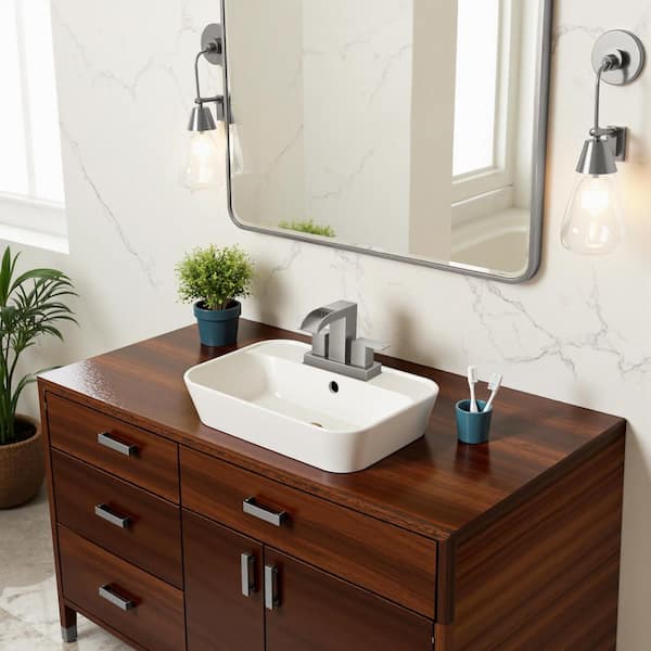 Waterfall 4 in. Centerset Double Handle Low Arc Bathroom Faucet with Drain in Brushed Nickel