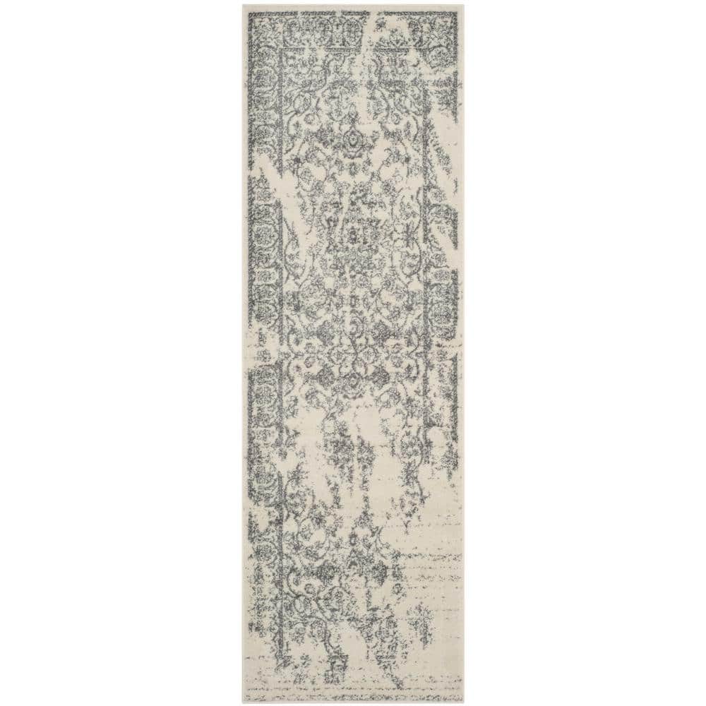 Ivory and Silver Distressed Oriental Runner Rug 2'6" x 8'