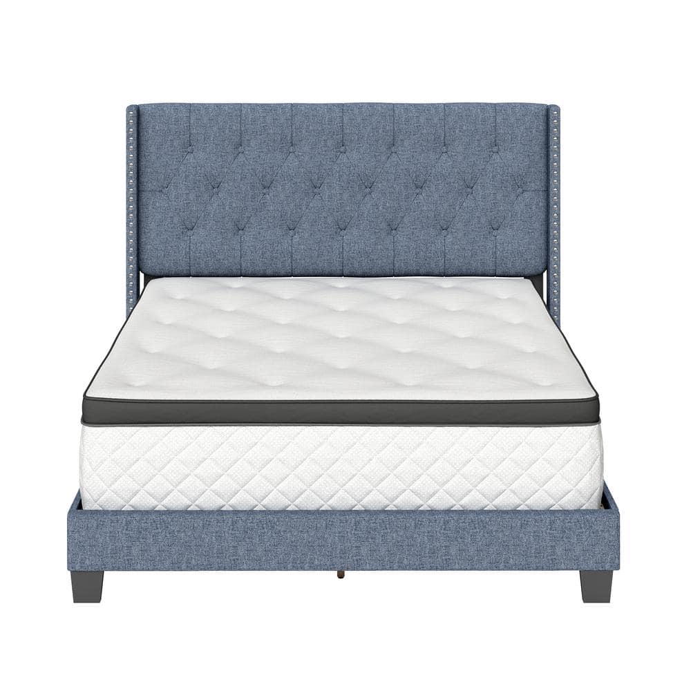 Sophia Blue Linen Queen Platform Bed with Tufted Wingback Headboard