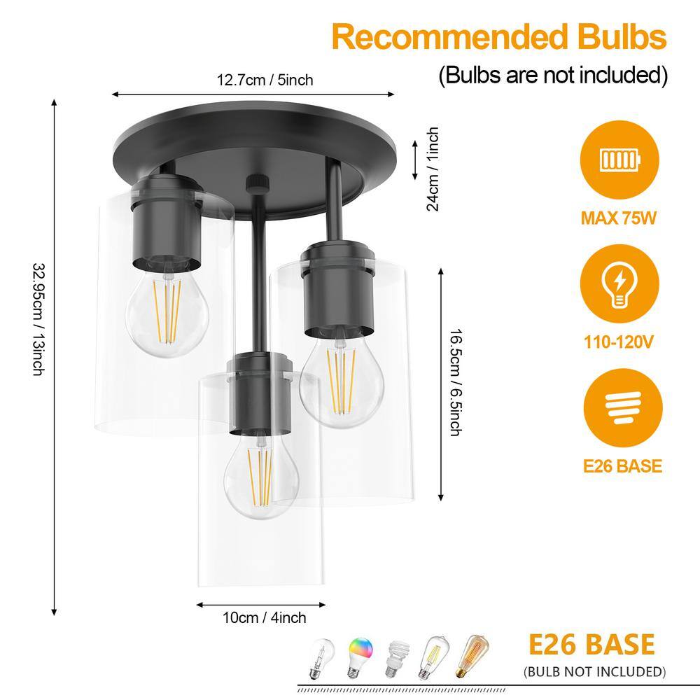 Black Metal 3-Light Flush Mount Ceiling Fixture with Clear Glass Shades