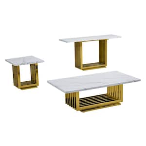 Magda 55 in. White Rectangle Marble Top Coffee Table Set With Gold Stainless Steel Base 3 Pieces