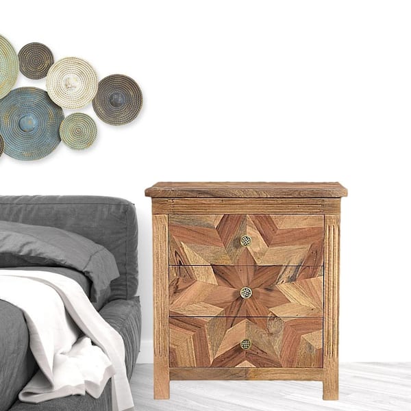HomeRoots 30 in. Brown Three Drawer Geometric Solid Wood Nightstand
