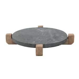 13 in. Gray Marble Platters with Mango Wood Stand (Set of 2)