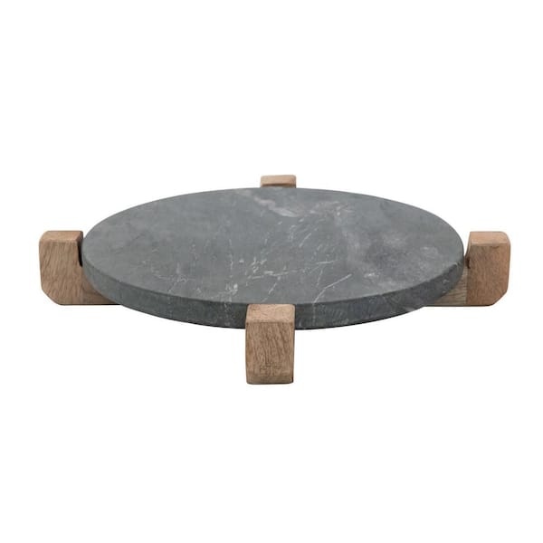 Storied Home 13 in. Gray Marble Platter with Mango Wood Stand