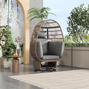 Outdoor Natural Wicker Rattan Swivel Chair Patio Swing Egg Chair with Grey Cushions