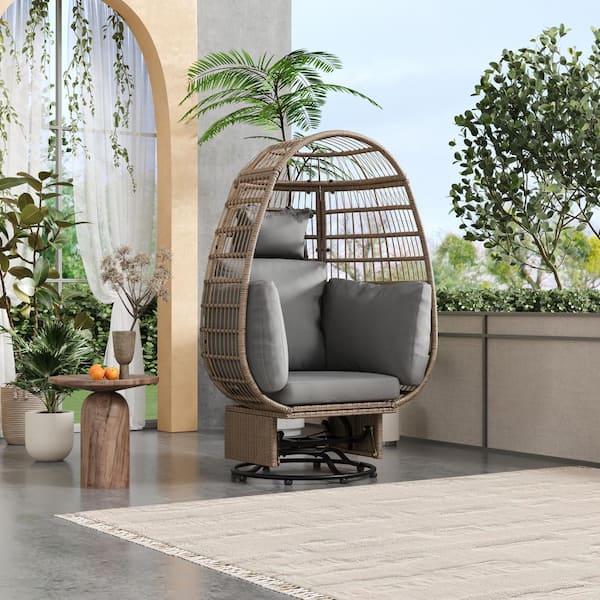 Clihome Outdoor Natural Wicker Rattan Swivel Chair Patio Swing Egg Chair with Grey Cushions
