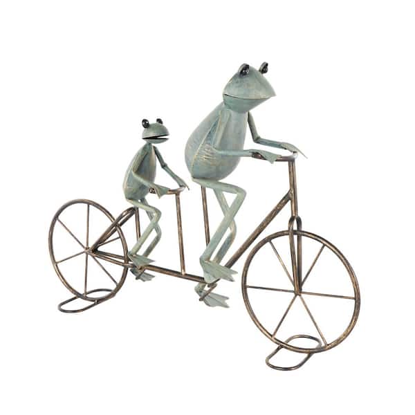 Litton Lane 17 in. Metal On Bicycle Frog Garden Sculpture with Gold Accents