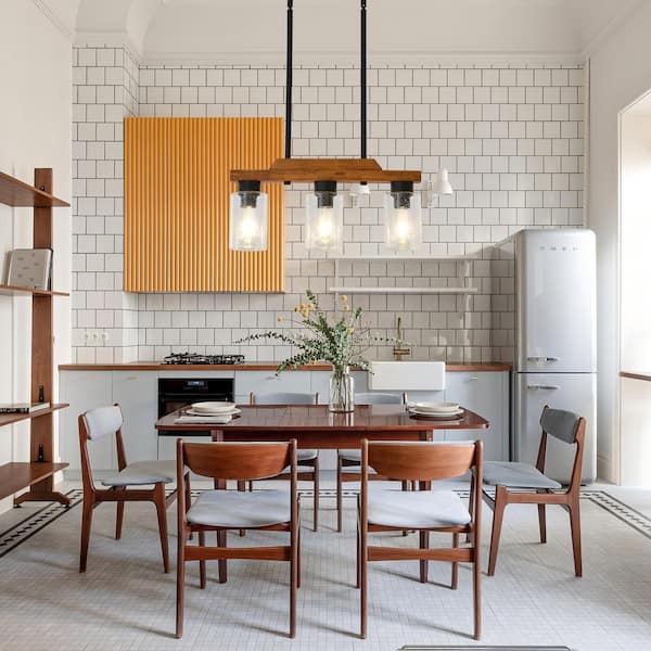 3-Light Kitchen Island Lights Rustic Wood Black Pendant Light Farmhouse Chandelier with Seeded Glass Shades for Dining