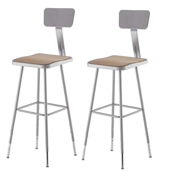National Public Seating 32 in. - 39 in. Height Grey Adjustable Heavy Duty Square Seat Steel Stool with Backrest (2-Pack)