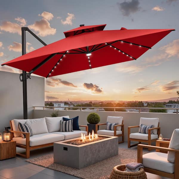 Pellebant Double Top 11 ft. x 9 ft. Rectangular Solar LED Lighted Aluminum 360 Rotation Cantilever Patio Umbrella in Red PB-PU88LRED - The Home Depot Pellebant Double Top 11 ft. x 9 ft. Rectangular Solar LED Lighted Aluminum 360 Rotation Cantilever Patio Umbrella in Red PB-PU88LRED - The Home Depot