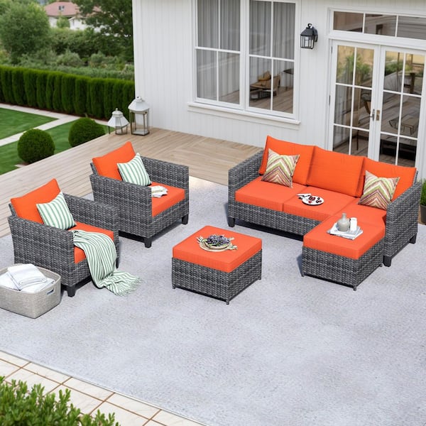 Camden 5-Piece Gray 3-Seat Wicker Patio Furniture Outdoor Patio Conversation Set with Orange Red Cushion and Ottoman