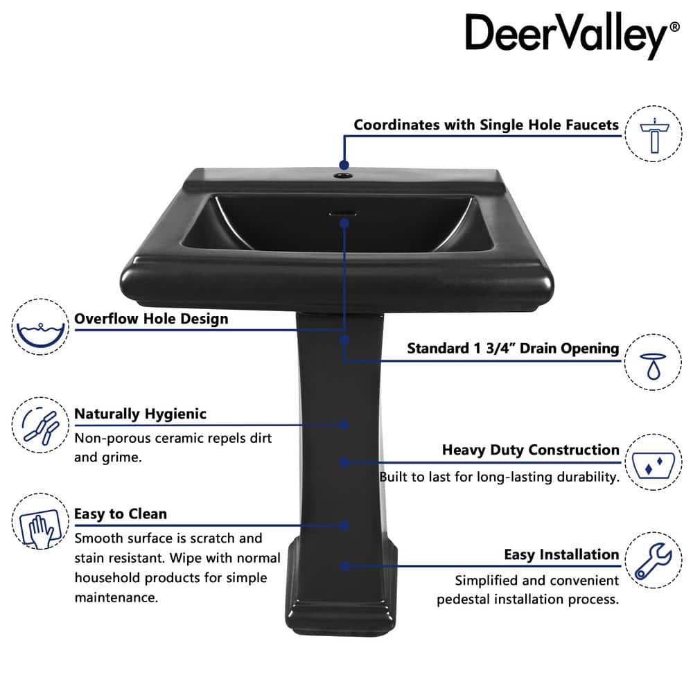 Apex Black Ceramic Rectangular Pedestal Sink with Single Faucet Hole