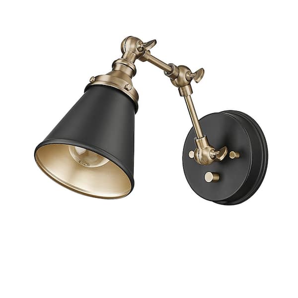 Edith 8 in. Tall 1-Light Matte Black/Vintage Brass Swing Arm Sconce Wall Lamp