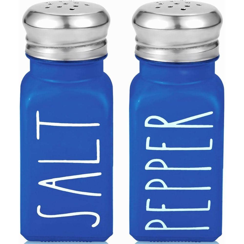 2-Piece Glass Salt Pepper Shakers with Stainless Steel Lids in Blue