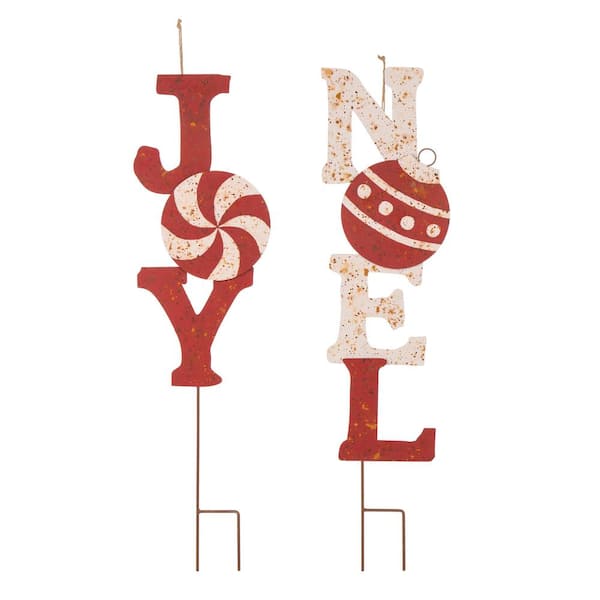 Glitzhome Rusty Metal JOY and NOEL Yard Stake or Wall Decor (KD, 2-Function) Set of 2