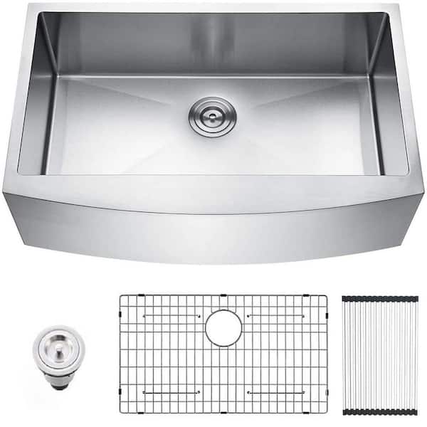 Maincraft Brushed Nickel 16-Gauge Stainless Steel 33 in. Single Bowl Farmhouse Apron Kitchen Sink with Grid and Basket Strainer