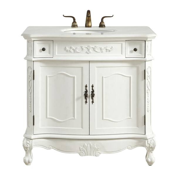 Unbranded Simply Living 36 in. W x 21 in. D x 36 in. H Bath Vanity in Antique White with White And Brown Vein Marble Top